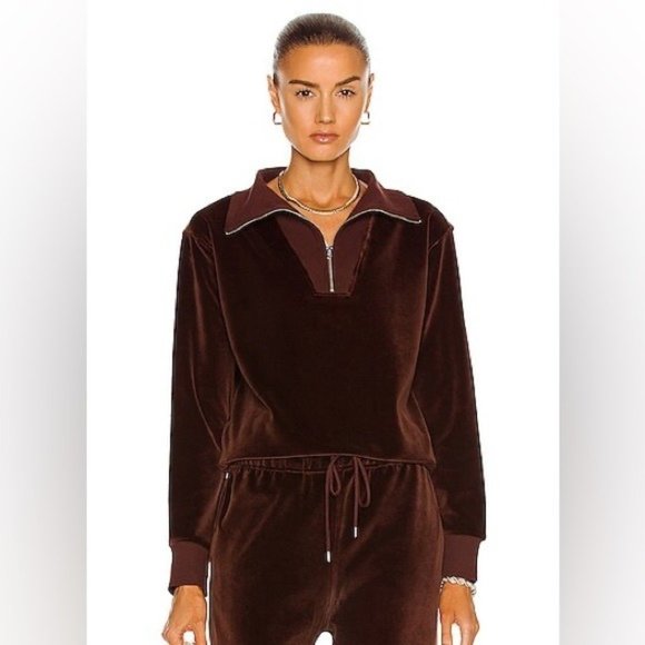 Nili Lotan Bentley Velour Brown Quarter Zip Sweatshirt - Picture 1 of 13
